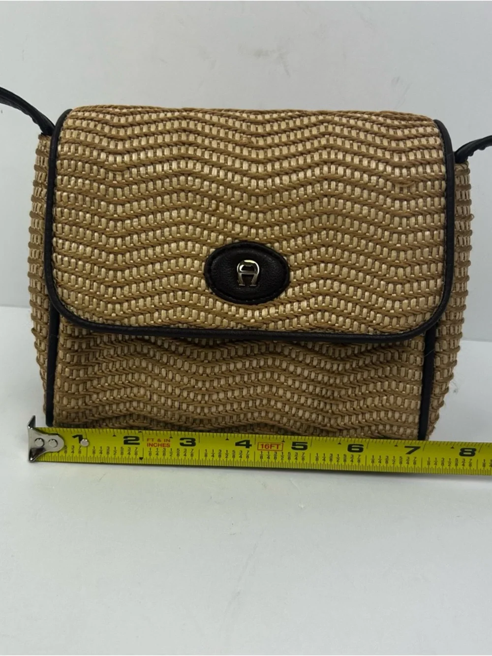 Etienne Aigner Woven Straw Crossbody Bag with Black Trim horseshoe logo